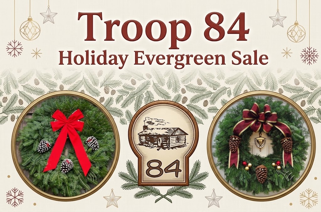 Troop 84 Holiday Evergreen Sale Logo showcasing festive wreaths